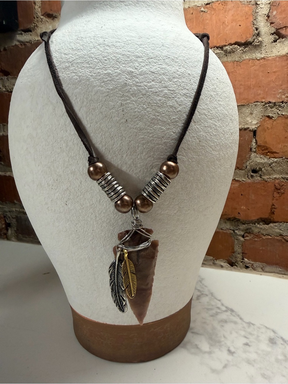 Handcrafted Brown Arrowhead Pendant Necklace with Feather Charms